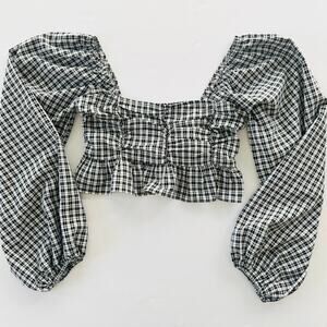 More to Come X Revolve Gingham Crop Top Balloon Sleeve Medium Black White Boho